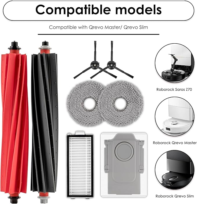 (23 Pack) Qrevo Master Replacement Parts Compatible with Roborock Qrevo Master/Qrevo Slim Robot Vacuum, 2 Roller Brushes, 6 Side Brushes, 7 Dust Bags, 4 HEPA Filters, 4 Mop Pads, Accessories Kit