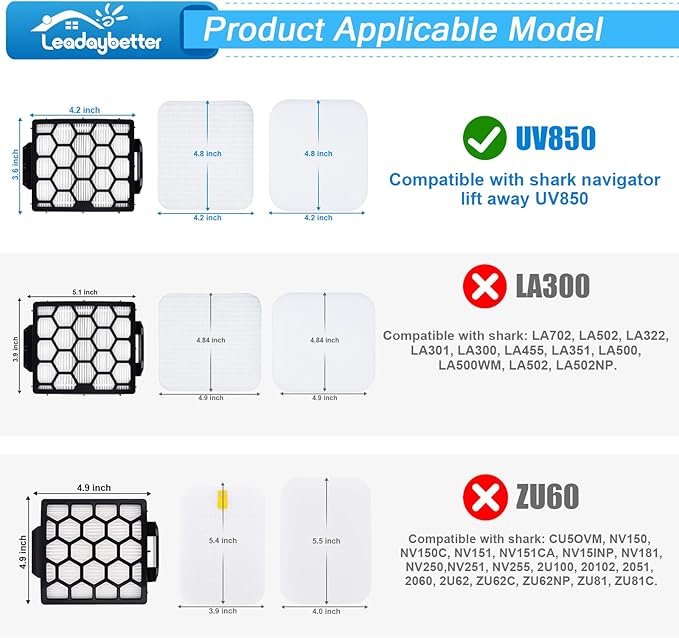 Leadaybetter UV850 Brush Filter Replacement Parts for Shark Performance Lift-Away ADV DuoClean Upright Vacuum, 1 Soft Brush Roll, 2 HEPA, 6 Foam Felt Filters, Part #1483FC2000 & XHF320 & XFFK602UKT