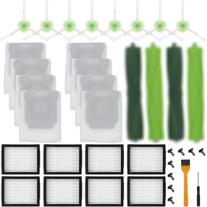 26 Pack Compatible with E/i/j Series Replacement Parts, i2 i3 i3+ i4 i4+ i6 i6+ i7 i7+ i8 i8+/Plus e5 e6, 2 sets of multi-surfacerubber roller brush 8 filters 8 side brushes 8bags