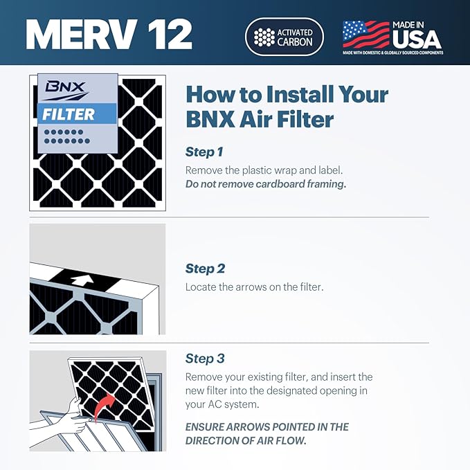 BNX TruFilter 16x24x1 MERV 12 Odor Defense (4-Pack) AC Furnace Air Filter with Activated Carbon - MADE IN USA - Pleated Air Conditioner HVAC AC Furnace Filters - Removes Odor, Mold, Bacteria, Smoke