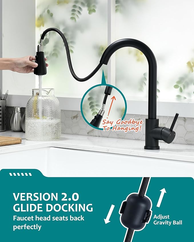 Black Kitchen Faucet with Pull Down Sprayer for RV Sink, VFAUOSIT Kitchen Sink Faucet Stainless Steel Laundry Single Handle Pull Out Kitchen Faucets Matte Black, Grifo para Fregaderos de Cocina