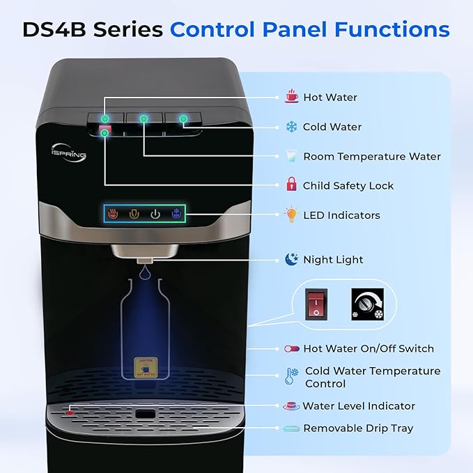 iSpring Bottleless Water Dispenser with 4-Stage Filtration, SGS-Tested 99% of PFAS Removal, Water Cooler Dispenser - Hot, Cold, Room Temp, Self Cleaning, Black, Model: DS4B-PF
