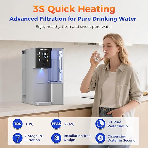 CT910GH Reverse Osmosis Water Filter Countertop, 3S Instant Hot RO Water Filtration System, 7-Stage Water Purifier Removable Pitcher, NSF/ANSI 372,42,58, Reduce TDS PFAS, No Installation