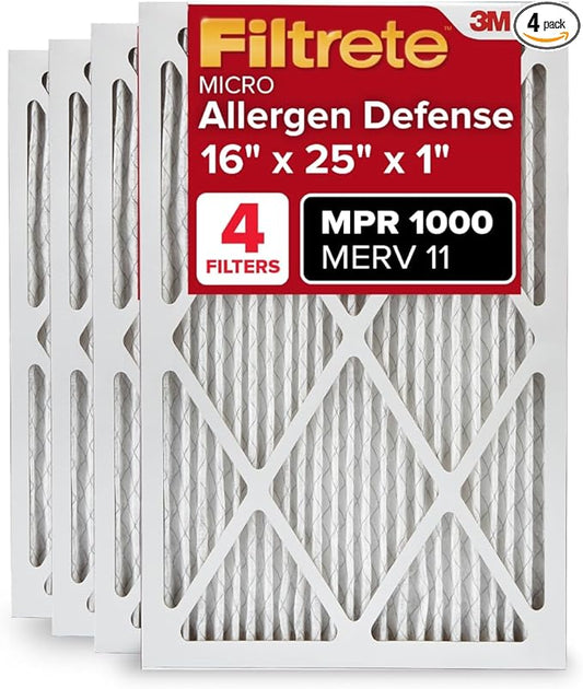 Filtrete 16x25x1 Air Filter MERV 11, MPR 1000 Micro Allergen Defense 4-Pack, AC Furnace HVAC Filters for Home, 3-Month Pleated Electrostatic (Actual Size 15.69 x 24.69 x 0.81 in)