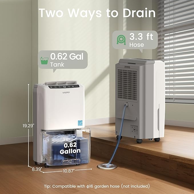 Waykar 2000 Sq. Ft 34 Pints 2025 Most Efficient Energy Star Dehumidifier for Home and Basement with Auto or Manual Drainage, Quiet 33dB Operation, 0.62 Gallon Water Tank Capacity