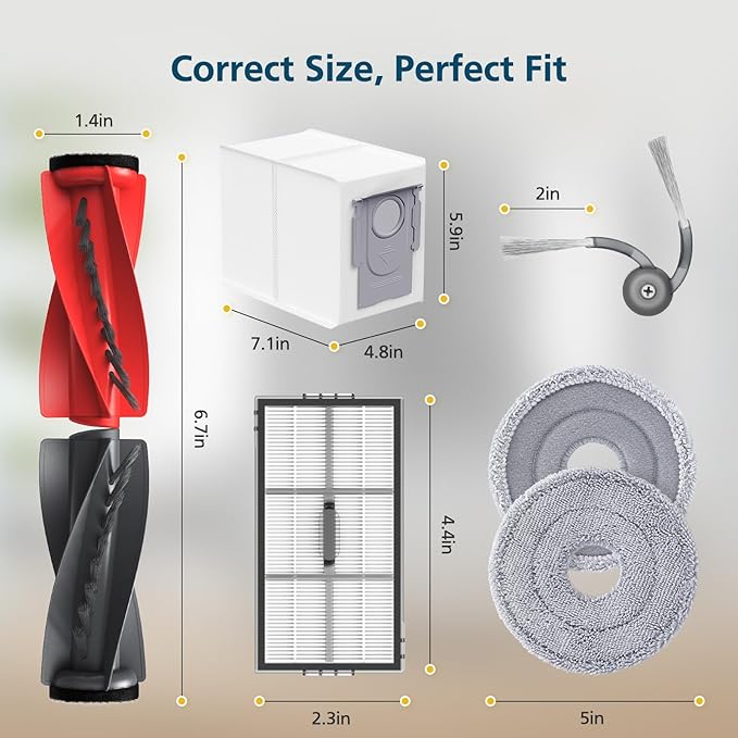 Saros 10R Accessories for Roborock Saros 10R / Qrevo CurvX Robot Vacuum, Replacement Parts with 4 Dust Bags, 4 Mop Pads, 4 HEPA Filters, 6 Side Brushes, Dual Zero-Tangling Main Brush