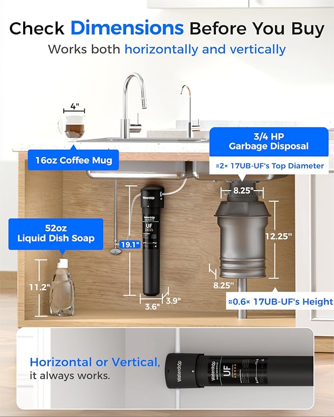 Waterdrop 17UB-UF 0.01 μm Ultra Filtration Under Sink Water Filter System, Reduces Lead, Chlorine, Bad Taste & Odor, 3 Years, with Dedicated Brushed Nickel Faucet, USA Tech