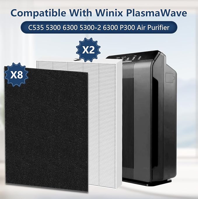115115 Replacement Filter A Size 21 Compatible with Winix PlasmaWave 5300-2, C535, P300, 6300-2, 5300, 9000 Air Purifier, 2 True HEPA Filter 8 Carbon Pre-Filters