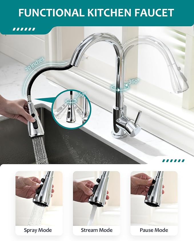 Chrome Kitchen Sink Faucet, Kitchen Faucet with Pull Down Sprayer VFAUOSIT Commercial Stainless Steel Laundry Single Handle Faucet for Kitchen Sink Chrome, Grifo para Fregaderos de Cocina