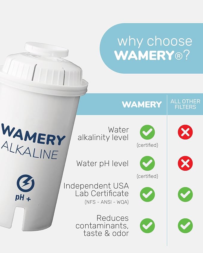 Wamery Alkaline Pitcher Water Filter Replacement - Single Filter, Improves pH & Taste, 42-Gallon Capacity, Coconut Activated Carbon with Mineral Layer, Leak-Free Fit, Easy Install, BPA-Free