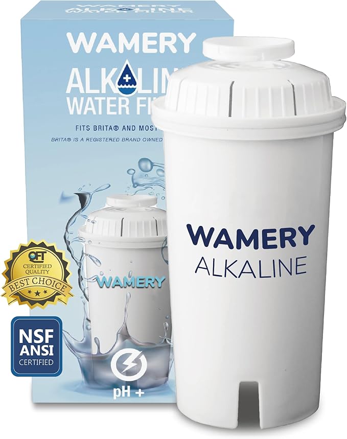 Wamery Alkaline Pitcher Water Filter Replacement - Single Filter, Improves pH & Taste, 42-Gallon Capacity, Coconut Activated Carbon with Mineral Layer, Leak-Free Fit, Easy Install, BPA-Free