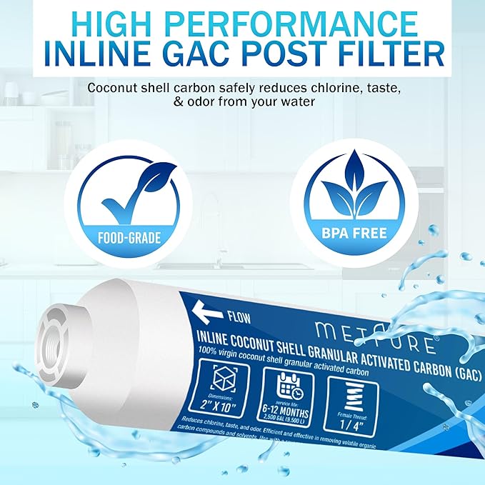 Metpure In line Water Filter for IceMaker, Refrigerator, Water Filtration System, Coffee Maker 2" x 10" x 1/4" OD FIP Female Thread GAC Coconut Shell Granular Activated Carbon Post Filter