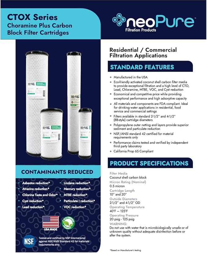 The Neo-Pure CTOX-2510 Carbon Block Filter, made with premium coconut shell carbon, ensures advanced filtration for residential, food service, and commercial water systems.