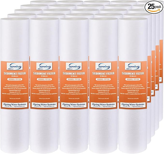 iSpring FP150X25 10" x 2.5" Universal Multi-layer Sediment Water Filter Replacement Cartridges 50 Micron, 25 Pack, White