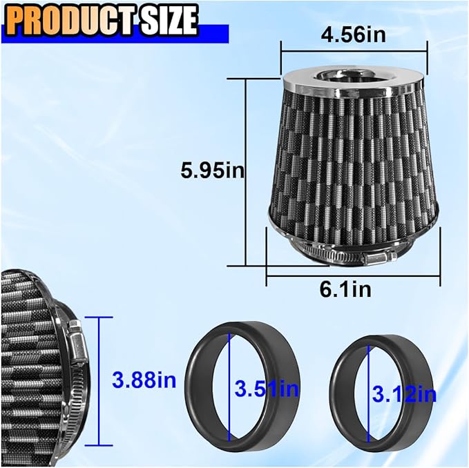 Universal Clamp-On Air Intake Filter, High Flow Closed-Top Cool Air Filter Cleaner, 76 89 102MM Performance Round Tapered Cone Air Filters, Washable Replacement Filter for Car Truck (Carbon Fiber)