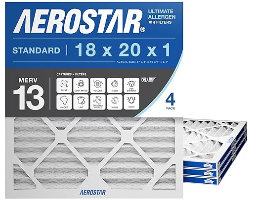 Aerostar 18x20x1 MERV 13 Air Filter, 4 Pack Set of HVAC Furnace Filters, Electrostatic MPR 1500-1900 & FPR 10 (Actual Size: 17 3/4 x 19 3/4 x 3/4 inches)