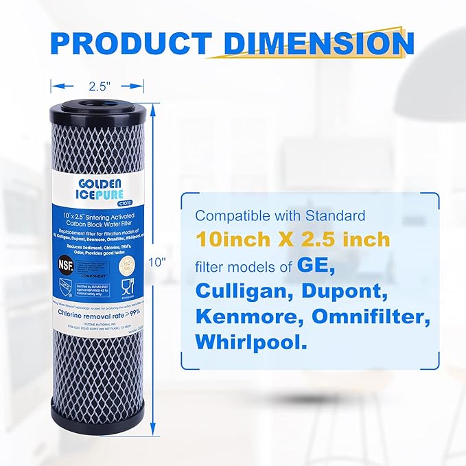 GOLDEN ICEPURE CTO10, 1 Micron 2.5" x 10" Whole House CTO Carbon Sediment Water Filter Compatible with Dupont WFPFC8002, WFPFC9001, FXWTC, Culligan P5-D, WHCF-WHWC, D-10A, DWC30001, SCWH-5, 3PACK