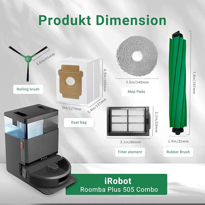 Replacement Parts for iRobot Roomba Plus 405/505 Combo Robot Vacuum and Mop 28-Pack Accessories Kit:2 Main Brushes,6 Dust Bags,6 Filters,6 Mop Pads,6 Side Brushes,1 Cleaning Brush