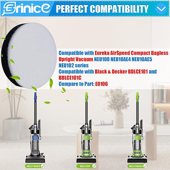 NEU100 Filter Replacement Compatible with Eureka Airspeed Compact Bagless Upright NEU100 NEU10AE4 NEU10AE5 NEU102 Vacuum Cleaner, 6 Foam Filters and 1 Cleaning Brush