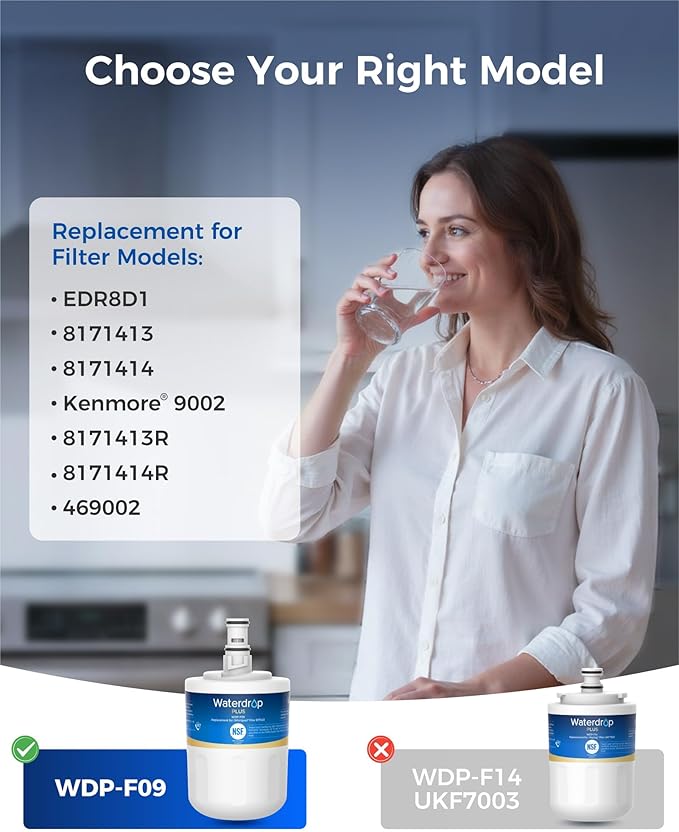 Waterdrop Plus 8171413 Refrigerator Water Filter, Replacement for Whirlpool® 8171413, 8171414, EDR8D1, Kenmore® 46-9002, NSF/ANSI 401&53&42 Certified, Reduce PFAS (Package May Vary)