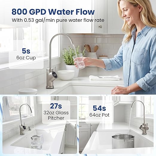 COSTWAY AW-RB05 Alkaline PH+ Reverse Osmosis Water Filter, 800 GPD Tankless Under-Sink RO System with 8-Stage Filtration, Smart LED Faucet, 2:1 Pure to Drain Ratio, High-Efficiency Water Purification