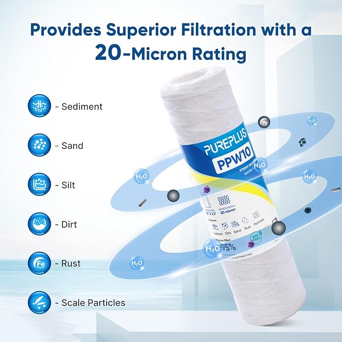 PUREPLUS 20 Micron 10"x2.5" Whole House String Wound Sediment Filter for Well Water, Replacement Cartridge for Universal 10 inch RO System, WP-5, Aqua-Pure AP110, CFS110, Culligan P5,WFPFC4002, 4Pack