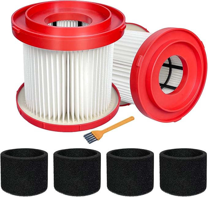 2 Pack 49-90-1900 HEPA Filter Compatible with Milwaukee Cordless M18 Vacuum 0780-20 0880-20, with 4 Foam Sleeve Filters & 1 Brush