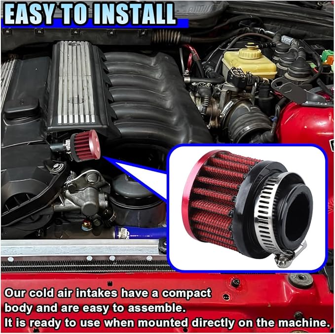 1" Car Air Intake Filter, 25mm Auto Crankcase Cold Air Filter Cleaner with Adjustable Clamp, Universal Vent Valve Cover Breather for Car, Motorcycle (Red)