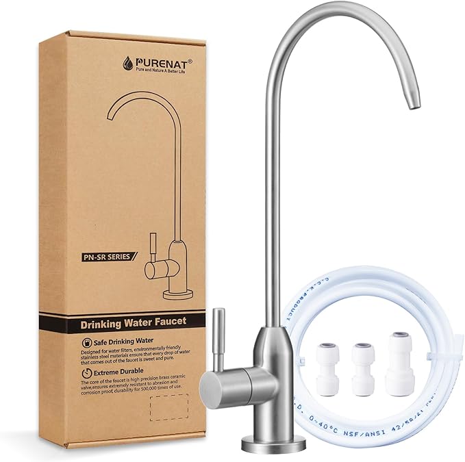 Drinking Water Faucet - Long Thread Stem Filtered Water Tap for Thick Countertop,Lead-Free RO Faucet with Hose and Push Connect Fittings(Brushed Stainless)