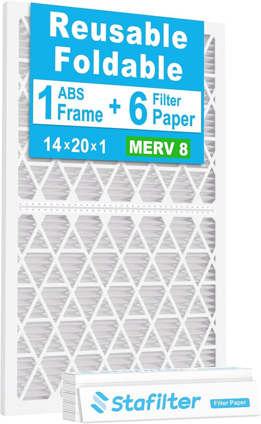 14x20x1 Air Filter MERV 8, 1 Foldable Frame + 6 Refills for Home AC Furnace & HVAC (Actual Size: 13.75"x19.75"x0.75") DUST, Pet, & Allergy