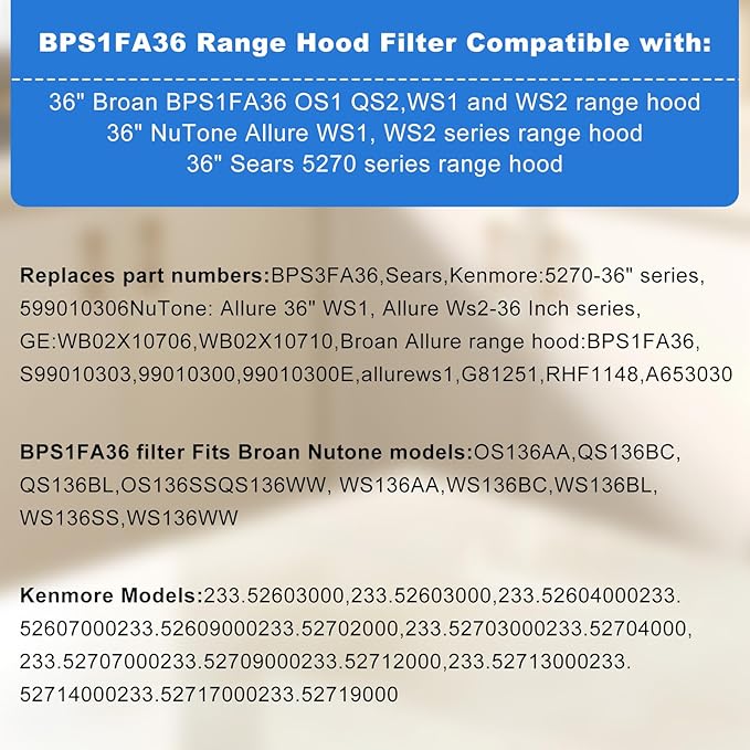 2 Pack-BPS1FA36 Range Hood Filter Upgraded Stainless Steel Frame 11-3/4" X 17-1/4" X 3/8" Replacement for NuTone Allure 36" WS1 and Broan QS1 36-Inch Filter