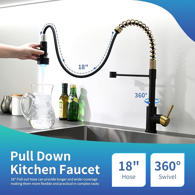 GIMILI Black and Gold Kitchen Faucet with Pull Down Sprayer Single Hole Stainless Steel LED Faucet, Suitable for Farmhouses, RV, Laundry Room, Outdoor, and Campers. Llave para fregadero de cocina
