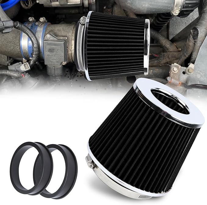 Hovom Universal Clamp-On Air Intake Filter, 76 89 102MM (3/3.5/4in) High Flow Round Tapered Cold Air Intake Filter, High Performance, Washable & Reusable, Engine Filters Replacement (Black)