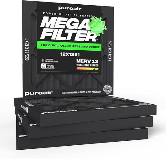PuroAir MegaFilter - 12x12x1 Air Filter MERV 13 Activated CarbonTech Defense - Heavy Duty 3 Layer Furnace Filters Allergens, Pollen, Dust, Pet Dander, Smoke, Odors - HVAC Air Filter 12x12x1 (4-Pack)