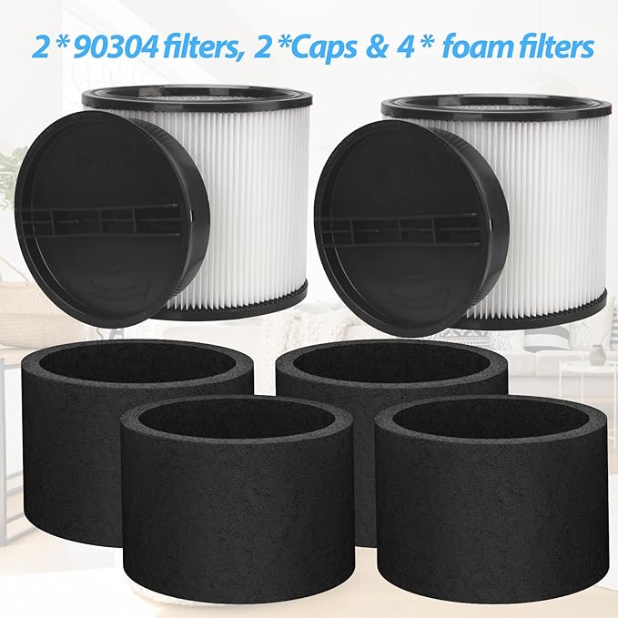 Extolife Replacement Filter Compatible with Shop-Vac 90350 90304 90333 Replacement fits most Wet/Dry Vacuum 5 Gallon and above, 2 pcs 90304 filters with caps and 4pcs 90585 foam filters