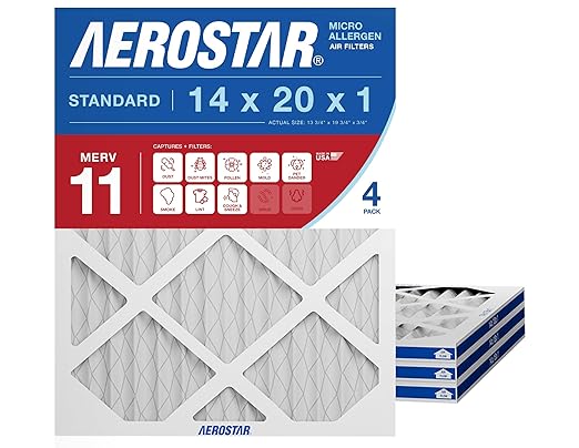 Aerostar 14x20x1 MERV 11 Air Filter, 4 Pack Set of HVAC Furnace Filters, Electrostatic MPR 1000-1200 & FPR 7 (Actual Size: 13 3/4 x 19 3/4 x 3/4 inches)