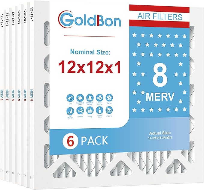 12x12x1 Air Filter 6 PACK, MERV 8 MPR 600 Pleated HVAC AC Furnace Dust Defense Air Filters Replacement (Actual Size: 11 3/4 x 11 3/4 x 3/4 Inches)