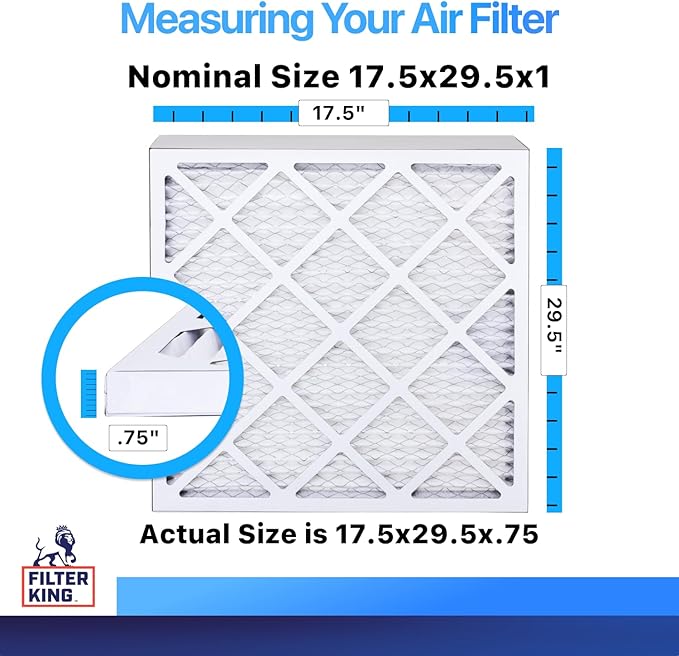 Filter King 17.5x29.5x1 Air Filter (MERV 8) (4-Pack) Dust & Allergy Control AC Furnace Filters, MADE IN USA, HVAC, Pleated, Electrostatic (Actual Size: 17.5 x 29.5 x .75)