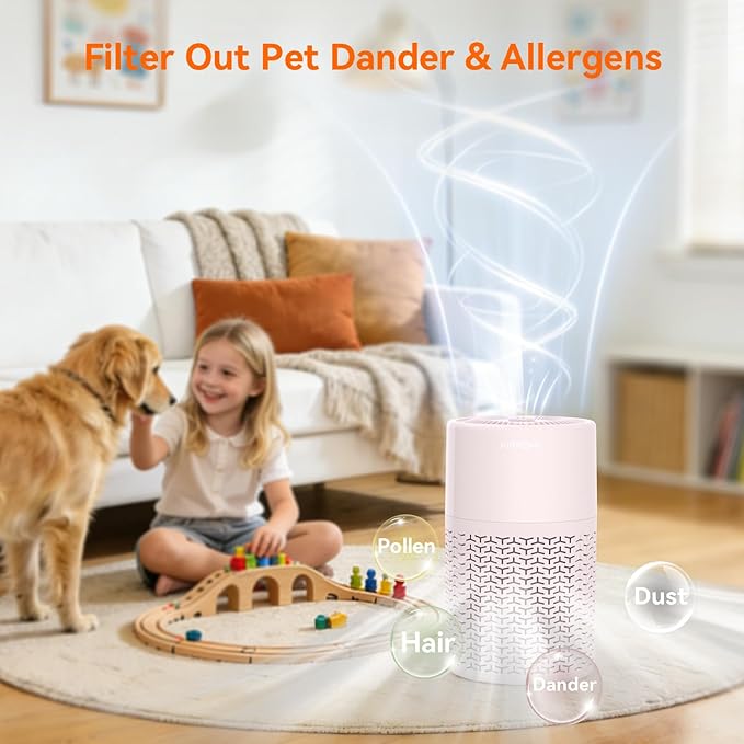 AIRROMI Pets Air Purifier for Home Allergies,Up to 660 ft². HEPA Deodorizing Activated Carbon Filter,With Fragrance Sponge for Better Sleep,Night Light,Pet Dander,Smoke,Odors,Air Cleaner A2002 Pink