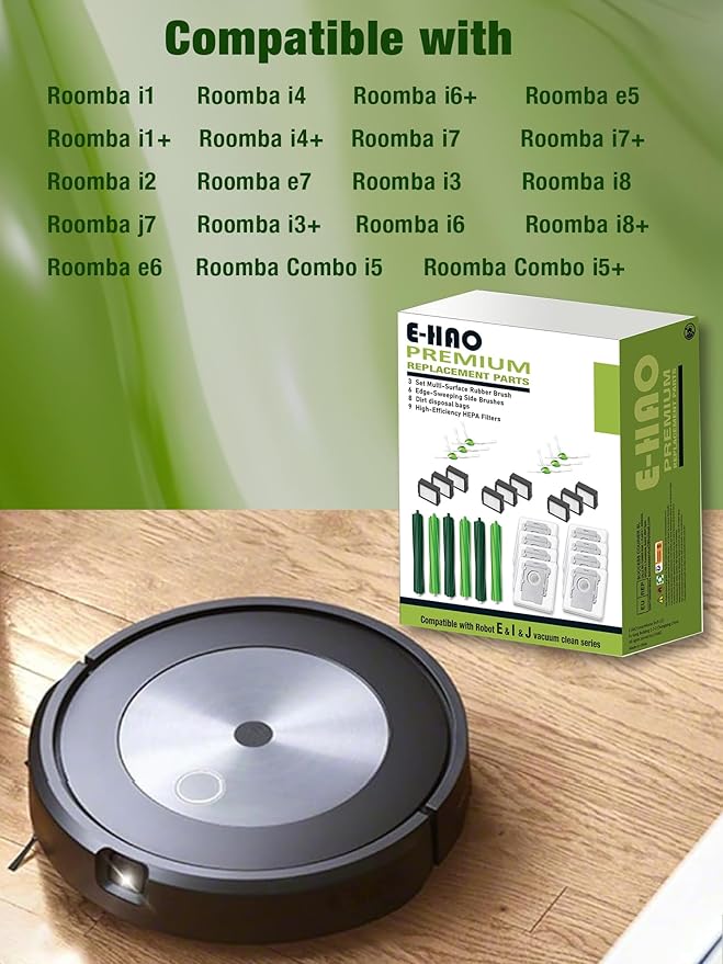 Replacement Accessories Part for iRobot Roomba i1+, i2+, i3+, i4+, i5+, i6+, i7+, i8+, j5+, j6+, j7+, j8+, j9+, E5, E6, E7. Kit with 8 Dust Bags, 6 Rubber Rollers, 9 HEPA Filters, 6 Side Brushes
