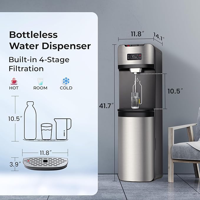 iSpring Bottleless Water Dispenser with Built-in 4-Stage Filtration, Hot/Cold/Room Temp, Self Cleaning, Stainless Steel, Model: DS4S