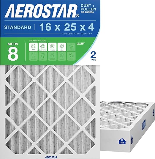 Aerostar 16x25x4 MERV 8 Air Filter, 2 Count, ACTUAL SIZE (15.50 x 24.50 x 3.75) HVAC, Furnace Filter for Allergies, Dust, Pet Dander & Smoke (MPR 1500 / FPR 10) Fits Lennox & Honeywell Devices