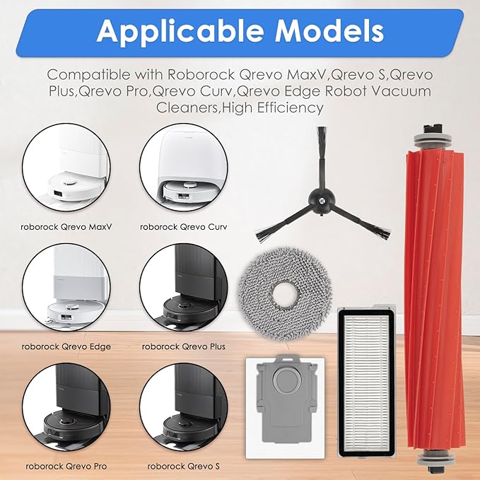 (11 Pack) QRevo S Replacement Parts Compatible with Roborock Qrevo S, Qrevo Pro, Qrevo MaxV, QRevo Plus Robot Vacuum, 1 Roller Brush, 2 Black Side Brushes, 3 Dust Bags, 3 HEPA Filters, 2 Mop Pads