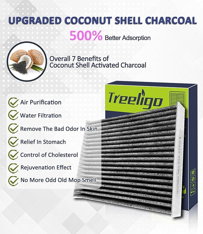 Treeligo CF12002 Cabin Air Filter, Replacement for Kia Soul L4 1.6L 2014 2015 2016 2017 2018 2019 Soul EV 2015 2016 2017 2018 2019, w/Upgraded Coconut Shell Activated Charcoal
