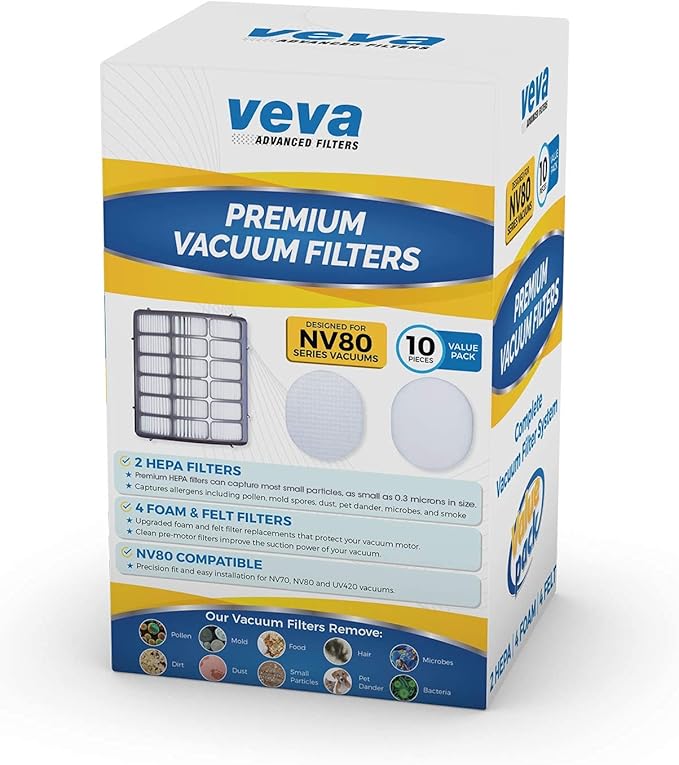 VEVA Complete Premium Vacuum Filter Set Including 2 HEPA, 4 Foam, 4 Felt Filters 10 Pieces Total for Shark Navigator Rotator Professional Upright Model NV70, NV71, NV80, NVC80C, NV90, NV95 & UV420