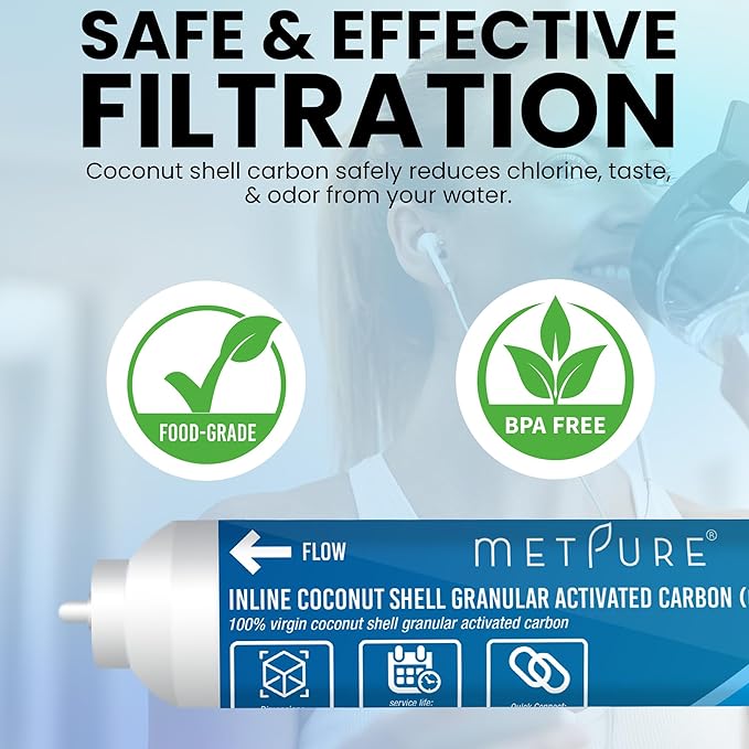 Metpure Inline GAC Water Filter 2" x 10" x 3/8" OD. Coconut Shell Granular Activated Carbon for RO Reverse Osmosis Water Filtration System, Refrigerator, Ice Maker. 3/8" Quick Connect.