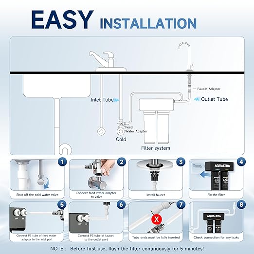 AQUALTRA USF-2F-10 Slightly Alkaline Under Sink Water Filtration System, 20K Gallons with Faucet, 0.5 μm Carbon Fiber Filter Reduces Chlorine, Chloramine, Fluoride, Bad Taste & Odor