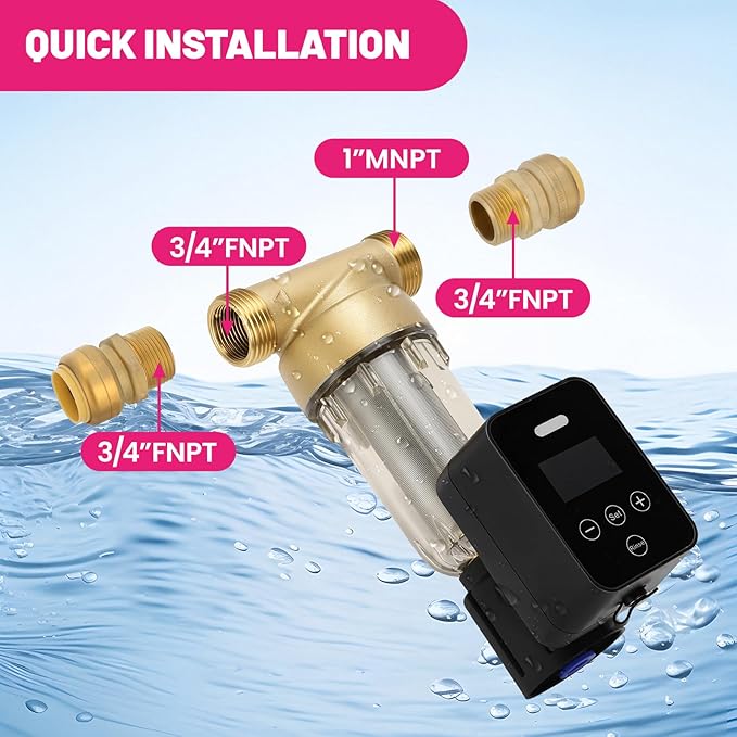 50/100 Micron Spin Down Sediment Water Filter, Plug - in with Touch - Screen Auto Flushing, Brass Valve, 3/4" FNPT x 1" MNPT, Reusable Whole House Sediment Filter for Well Water