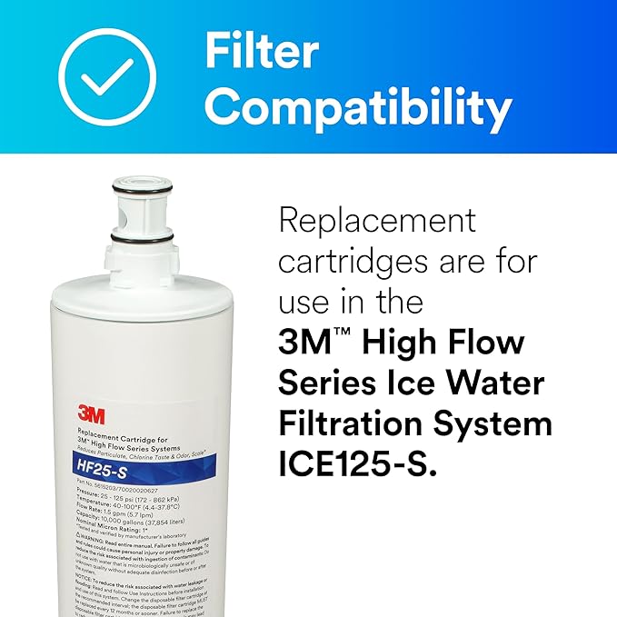 3M HF25-S High Flow Series Genuine Replacement Filter Cartridge for ICE125-S Water Filter System, Reduces Chlorine, Taste and Odor, Scale, and Particulate 1 Micron, 1.5 gpm, 5615203