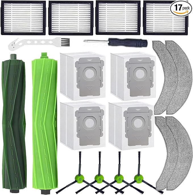 Replacement Parts Compatible with Roomba Combo j9+,Combo j7+/Plus Robot Vacuum Cleaner,1 Set of Multi-Surface Rubber Brush+4 Mopping Pads + 4 HEPA Filters &4 Side Brushes &4 Dust Bags